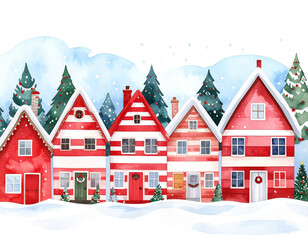 Christmas village snowy scene, transparent background