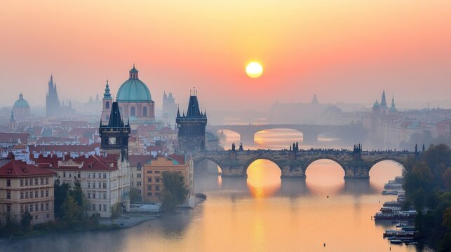 Panoramic sunrise over Prague, misty river, historic buildings