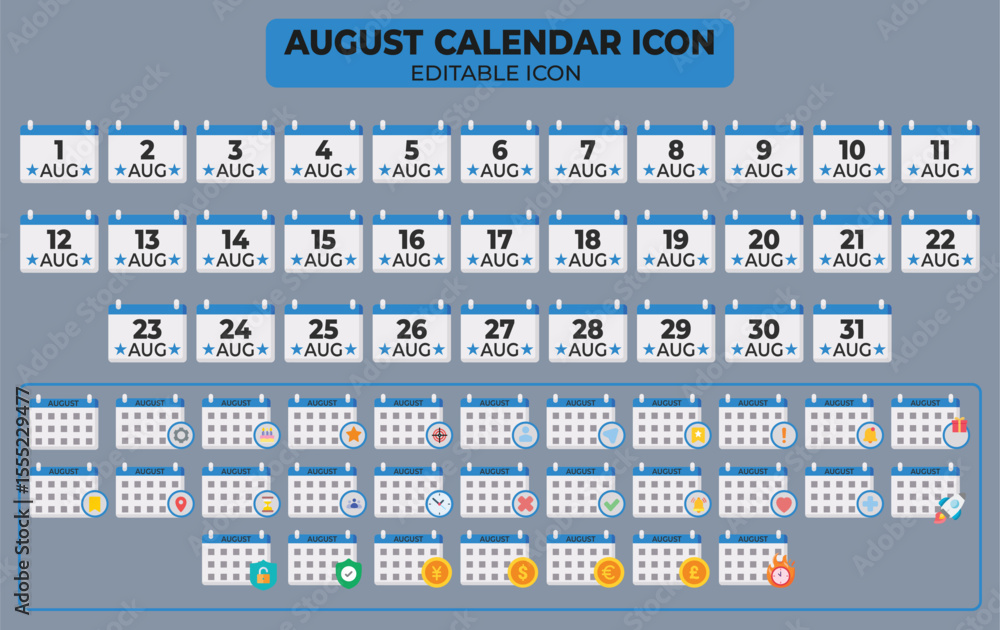 Poster collection of august calendar icons with customizable features and editable design for scheduling