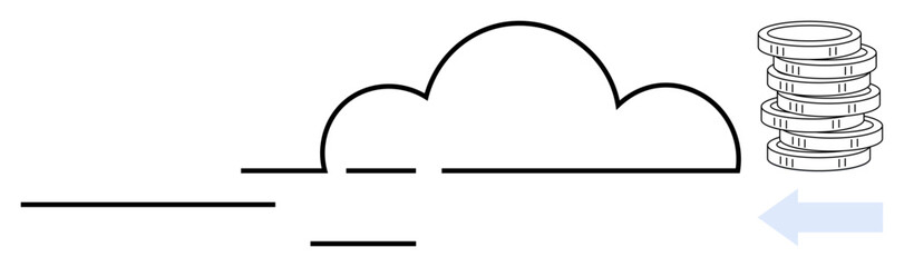 Cloud outline, arrow, and coin stack visualizing data storage, transfer, or digital wealth. Ideal for technology, finance, cloud computing data migration digital assets security simplicity. Clean