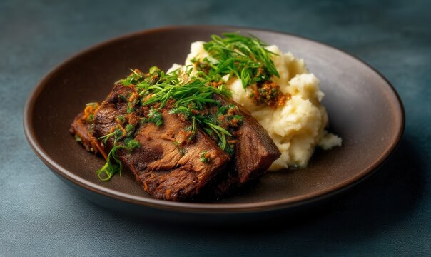 Slow-roasted velvety svi with herbs served on a brown plate ideal for traditional feasts against a blue-grey background