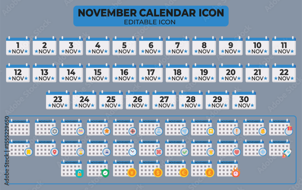 Poster editable november calendar icon set with all 31 days and various date-related symbols