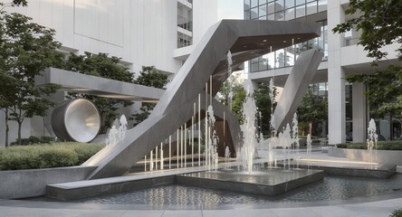 Modern Architectural Fountain with Geometric Design and Greenery