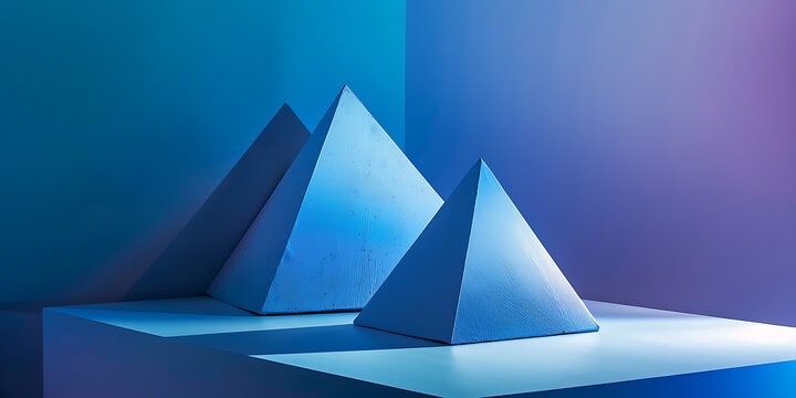 Blue pyramids on illuminated surface with gradient background
