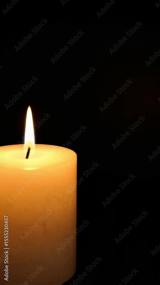 Poster close-up view of a glowing wax candle in dim illumination, creating a serene and contemplative atmos