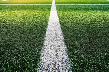 Close up of a green artificial soccer field with a white line
