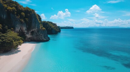 Obraz premium Pristine beach with turquoise water and dramatic cliffs