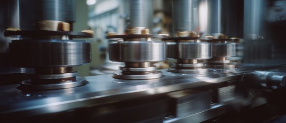 A close-up view of industrial machinery with shiny metal components, reflecting precision and engineering sophistication in a futuristic setting.