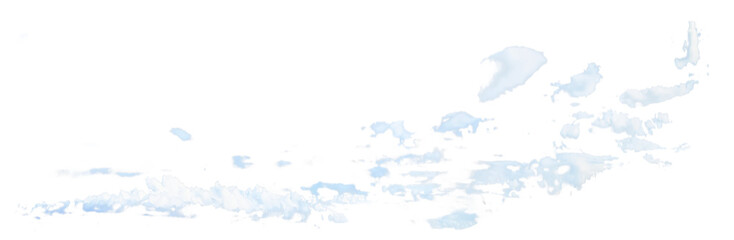 Light Blue Transparent Cloud Strip on White Background. Multiple small scattered clouds in blue isolated on white