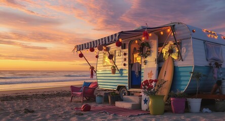 Sunset Beach Campervan Vacation Scene