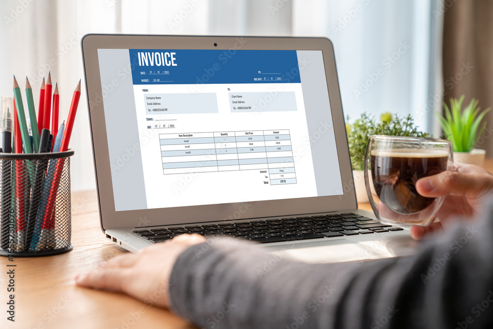 Poster invoice on computer screen from accounting application. computer program for financial and budget of