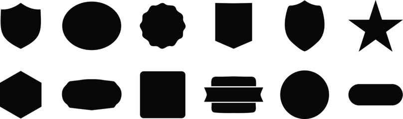 Blank label and shape icon set in silhouette with various geometric badge, sticker, and sign shapes
