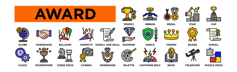 Award icon set. Editable Stroke Icon Collection. Trophy, Ribbon, Medal, Star, Cup, Diamond, Shield, Crown, Badge, Scroll, Globe, Handshake, Balloon, Confetti, Scroll and Quill, Palette, Lightning Bo