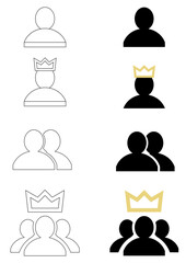 Vector Set of User, Leader, and Group Icons – Crown, Profile, People Silhouettes