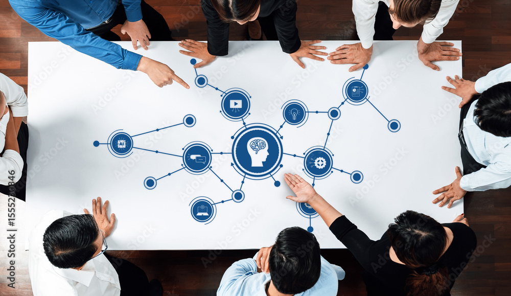 Poster A diverse group of professionals collaborates at a conference table, exploring innovative AI concepts and strategies through engaged brainstorming and effective teamwork. Amity