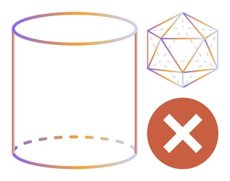 Transparent cylinder, wireframe icosahedron, and a bold X in a red circle design suggest restriction. Ideal for mathematics, science, rejection, prohibition, geometry, design concepts simple flat
