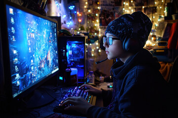 Obraz premium young caucasian gamer wearing headphones focused on playing video game at night. colorful lights decorate room, creating immersive gaming atmosphere. tech, gaming, lifestyle