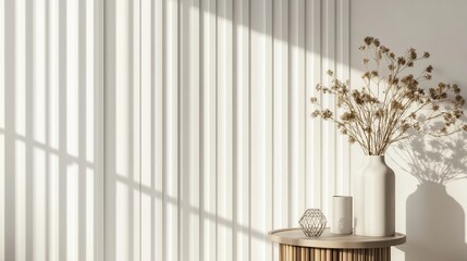 Minimalist room with sunlight and dried flowers