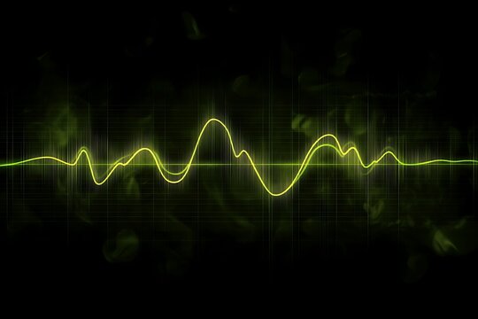Abstract glowing green sound wave on a dark grid background with smoky effects