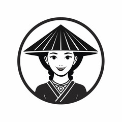 Black and white Vietnamese woman in traditional attire logo design image isolated on white background