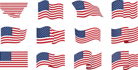 Collection of twelve american flag illustrations in various waving and static positions on white background