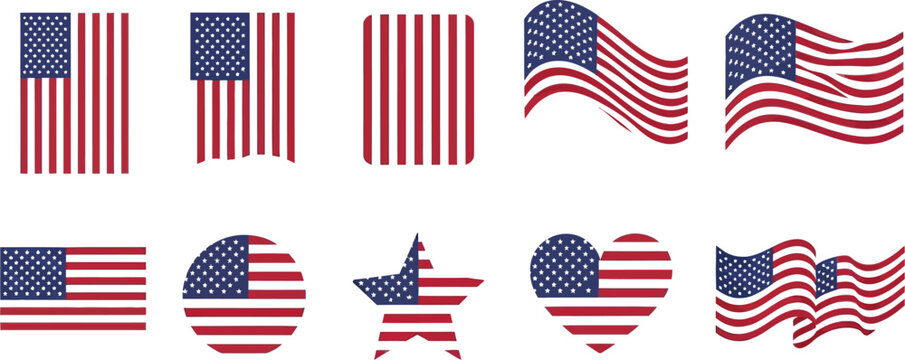 A collection of ten american flag designs in various shapes and styles on a white background image art