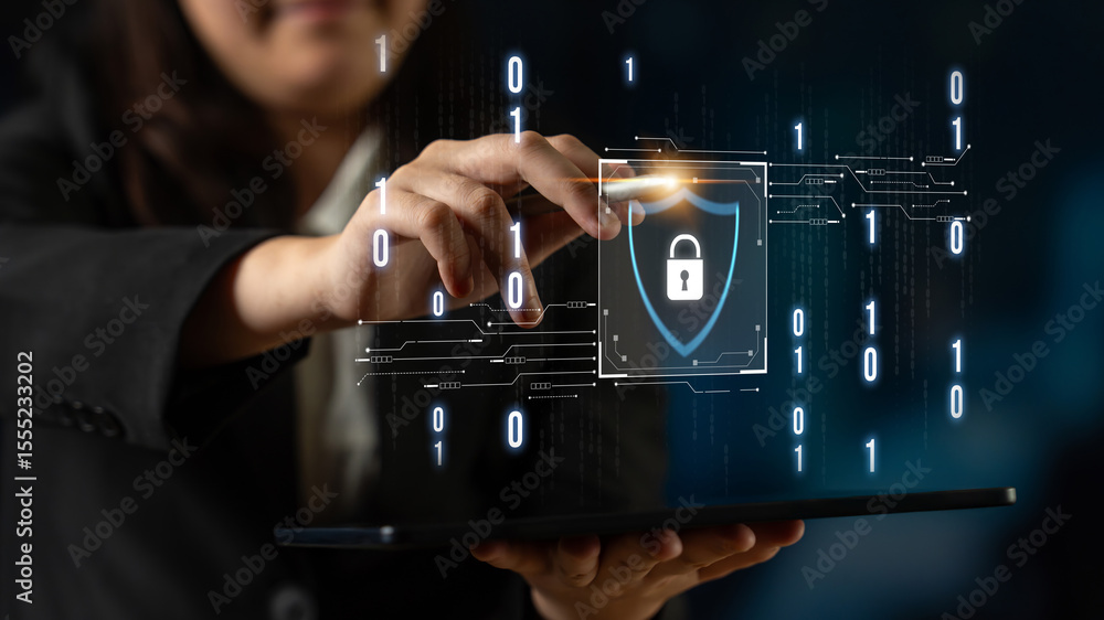 Poster cyber security protects against breaches, hacks, and network attacks using strong infrastructure and
