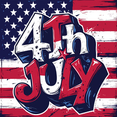 Bold graffiti style 4th of July text over distressed American flag t shirt poster background design