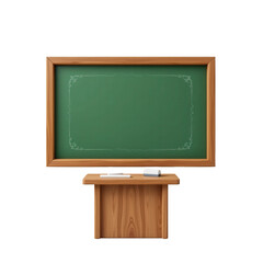 Wooden blackboard with green surface and decorative border, classroom furniture and stationary elements