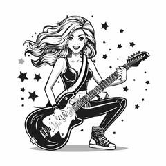 Rock star with guitar. Rock Roll Guitar Player Stock Vectors and Vector Art on white background.
