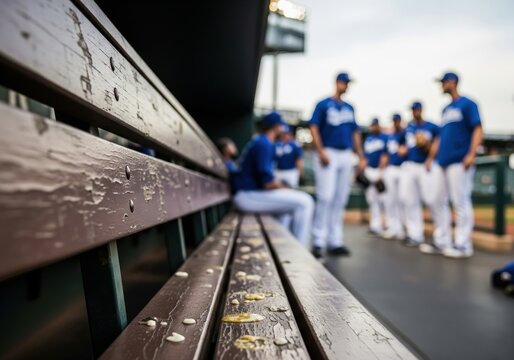 Gritty Baseball Dugout Bench. Close-up of a worn stadium bench, highlighting its texture. A blurred sports team waits in the background, conveying anticipation of the game.