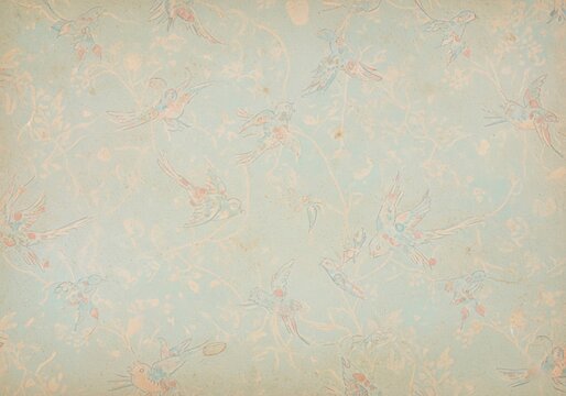 Faded Chinoiserie Birds Pattern. Muted blue backdrop with classic avian and botanical motifs. This aged surface evokes a sense of tranquil elegance and enduring natural beauty.