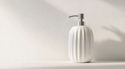 Soap dispenser with pump and minimalist body, ceramic material, isolated on white background, modern hygiene accessory