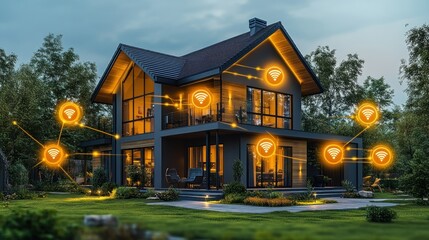 Smart home at dusk, connected by network