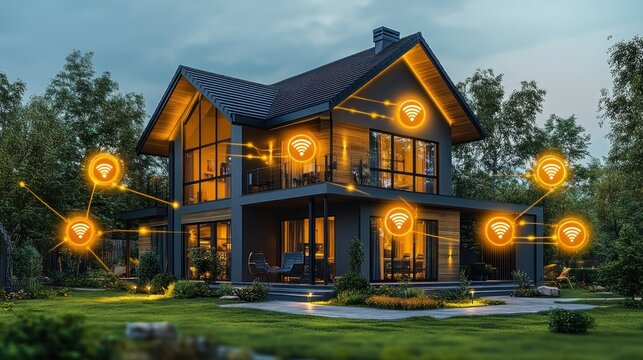 Smart home at dusk, connected by network