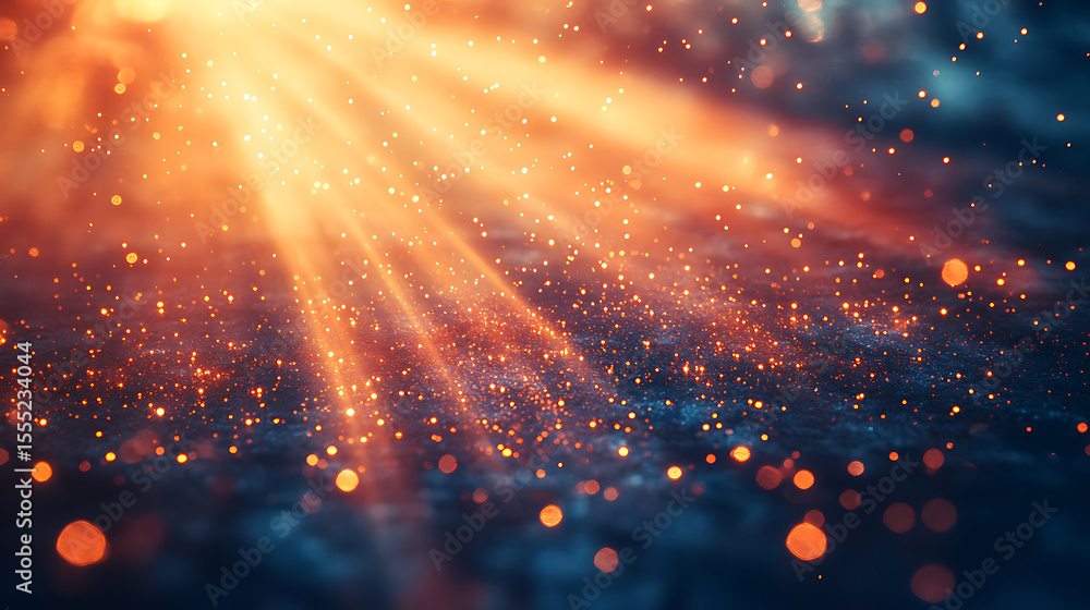Poster golden light rays shine down with bokeh particles on a dark blue background creating magical and atm
