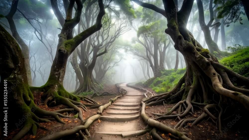 Poster enigmatic forest pathway with tree roots and misty atmosphere, creating a magical nature scenery wit