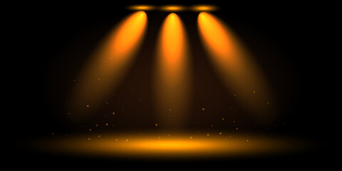 Realistic golden stage spotlights shining down on a dark background with glowing particles. Elegant theatrical lighting setup, perfect for award ceremonies, shows, performances, product presentations