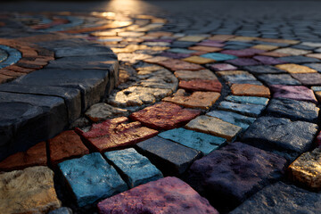 Multicolored cobblestone pavement creating beautiful geometric patterns