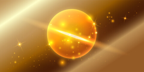 Bright glowing golden sphere with light rays and sparkles on a soft gradient background. The luminous orb emits warm starbursts and magical glow, evoking a festive and dreamy atmosphere. 