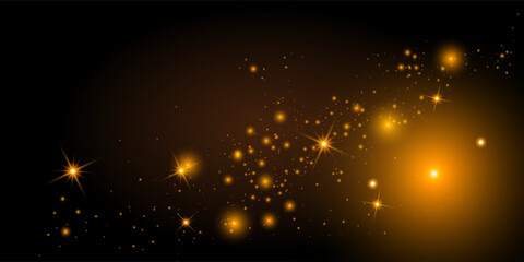 Golden glowing sparkles and soft star flares on a dark background. A dreamy, abstract light effect perfect for festive events, celebration designs, or magical atmosphere. Ideal as a holiday overlay 