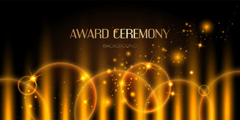 Elegant golden light background for an award ceremony. Glowing beams, sparkles, and bokeh effects create a festive and luxurious atmosphere. 