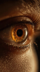 A hyper-realistic macro shot of a human eye in warm lighting, showcasing intricate iris patterns, sharp eyelashes, and detailed skin texture for dramatic visual impact and emotional depth.
