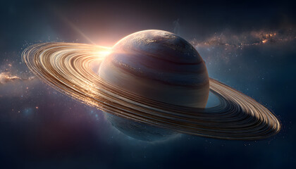 high resolution image of planet saturn with prominent rings on a cosmic background