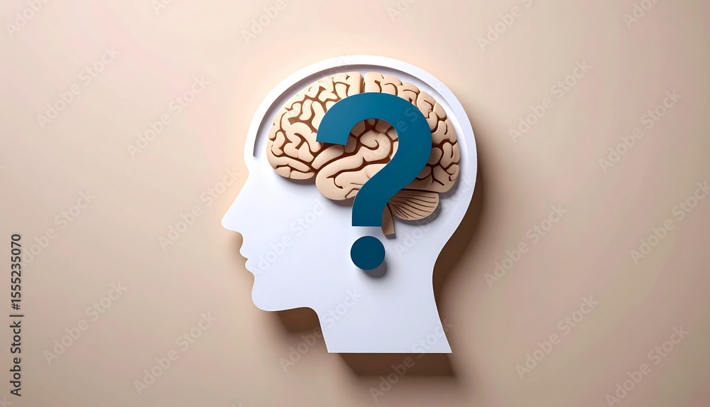 Poster brain with question mark concept of intelligence and thinking. mental health and problems with memor