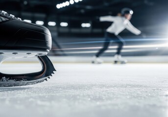 Dynamic Ice Blade and Rink Action. Close focus on a sharp skate runner resting on icy ground. An athlete swiftly glides in the illuminated arena, symbolizing determination and speed.