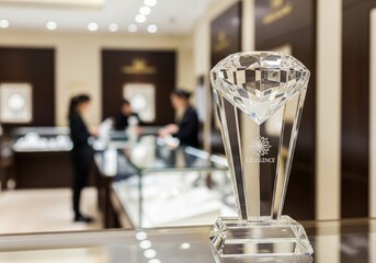 Crystal Excellence Award in Luxury Retail. A prestigious recognition of achievement, this glittering prize stands prominently in an opulent jewelry setting. It embodies premium quality and superior.