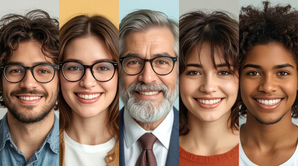 Smiling people of different countries, close-up portraits, each featuring a different person smiling broadly and looking at the camera. The individuals represent a diverse range of ages