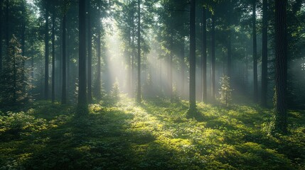 Fototapeta premium Sunlight streams through a misty forest