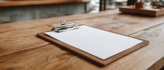 Blank clipboard on a rustic wooden table, suggesting simplicity and readiness for new ideas or tasks.